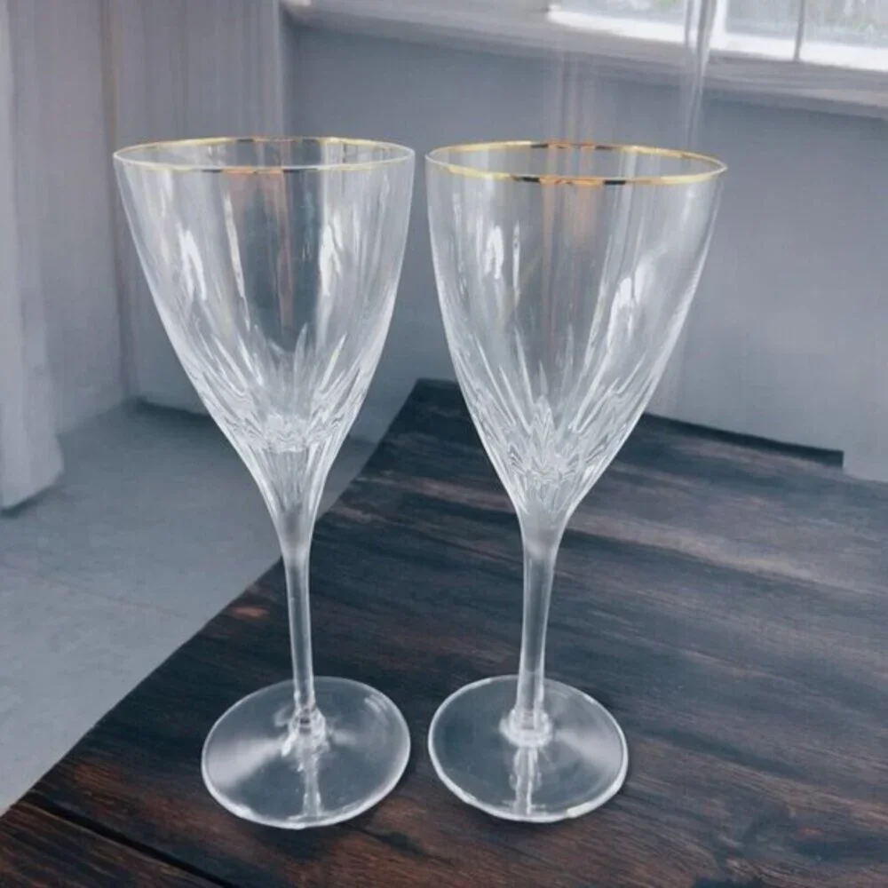 Waterford Marquis Claria Gold Rim Flute Goblet Drinking Glasses Clear‎ Set 2